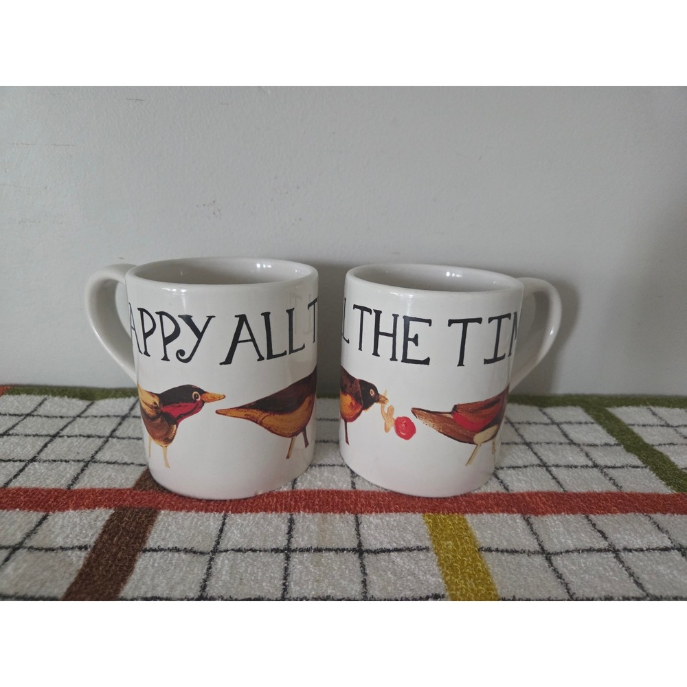 Nancy Thomas Art for Living Happy All The Time Bird Mugs Set of 2 White Ceramic